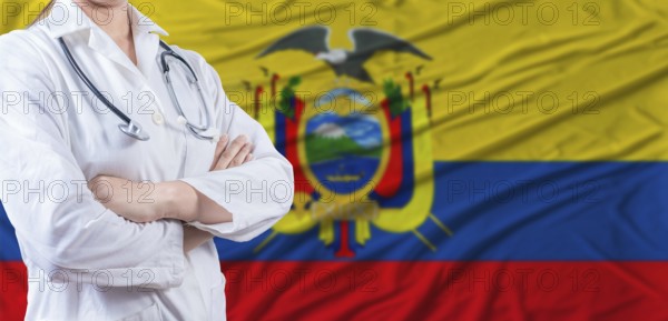 Doctor with crossed arms on Ecuador flag. Ecuadorian health and care concept. Female doctor on Ecuador flag