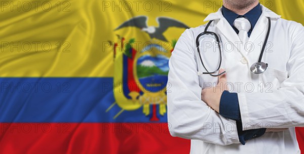 Male doctor with stethoscope on Ecuador flag. Doctor holding stethoscope on Ecuador flag