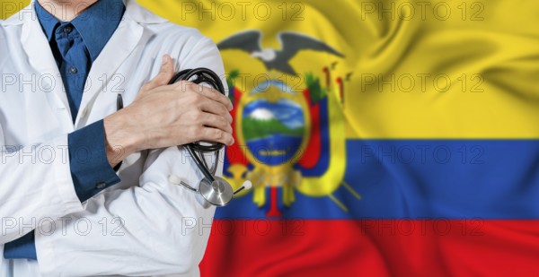Ecuador healthcare concept. Doctor with stethoscope on Ecuador flag. Doctor holding stethoscope on Ecuadorian flag