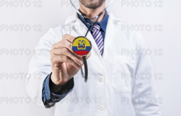 Ecuador healthcare system, doctor holding stethoscope. Ecuador health and medical insurance concept