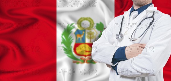 Peru healthcare concept. Male doctor on Peru flag. Doctor with crossed arms on Peru flag