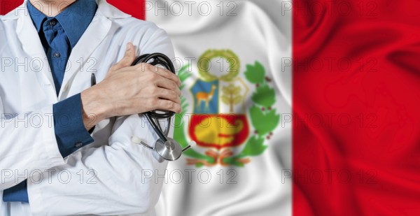 Peru healthcare concept. Doctor with stethoscope on Peru flag. Doctor holding stethoscope on Peruvian flag