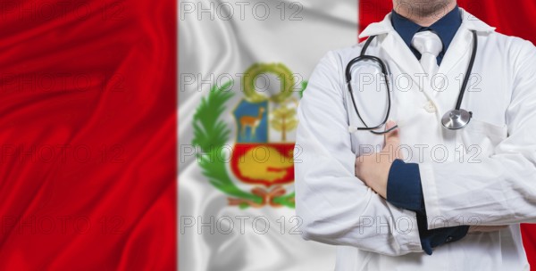 Male doctor with stethoscope on Peru flag. Doctor holding stethoscope on Peru flag