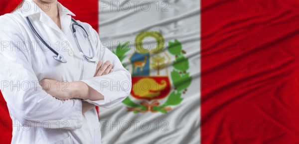 Doctor with crossed arms on Peru flag. Peruvian health and care concept. Female doctor on Peru flag