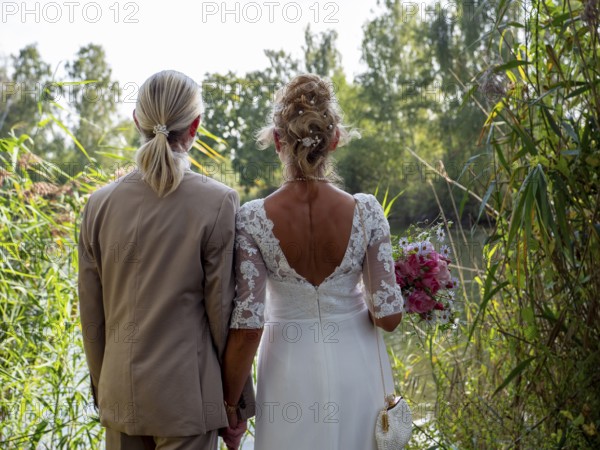 Elderly couple's wedding, look at the lake and reeds and look at the water