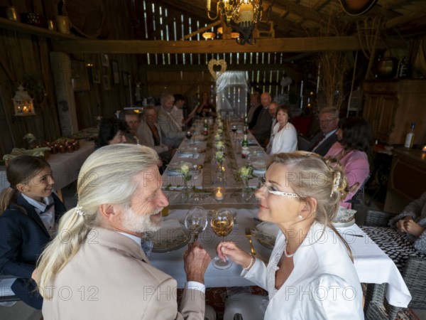 Elderly couple's wedding, with wedding party in an old barn