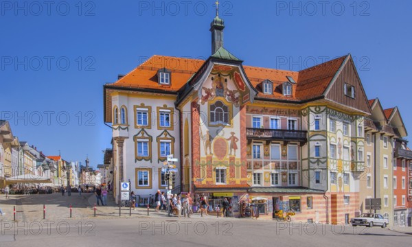 Marienstift or Krugledererhaus at the beginning of MarktstraÃŸe, Bad Tölz. Isartal, Upper Bavaria, Bavaria, Germany