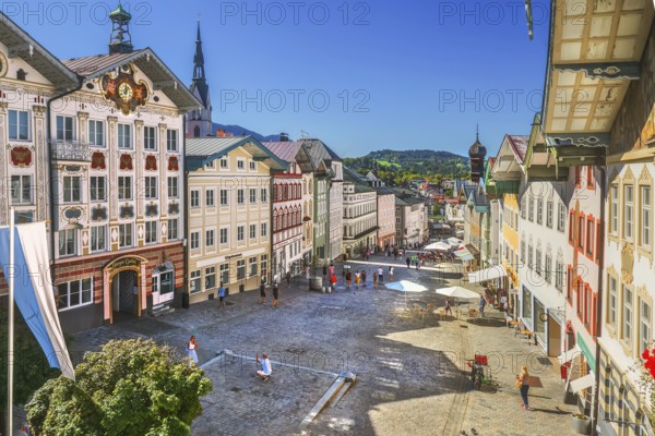Historic market street with old town hall and typical gabled houses, Bad Tölz. Isartal, Upper Bavaria, Bavaria, Germany