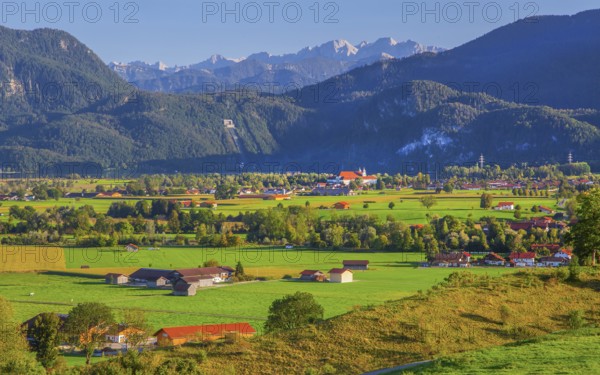 Landscape with view of the monastery village of Schlehdorf in the foothills of the Alps, GroÃŸweil, Loisachtal, Das Blaue Land, Upper Bavaria, Germany