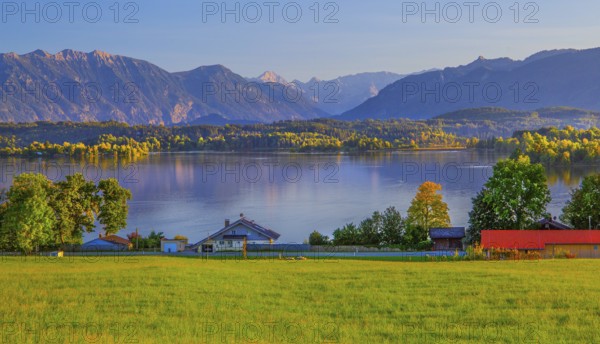 Panorama of Staffelsee with Estergebirge and Wetterstein Mountains, Uffing am Staffelsee, The Blue Land, Upper Bavaria, Bavaria, Germany