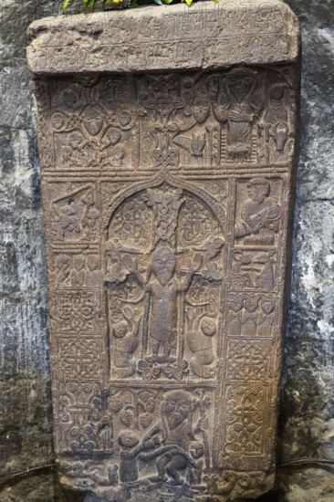 Detailed ancient relief with figures and ornaments carved in stone, Crossstone, Sevanavank Monastery, Sevan Monastery, Gegharkunik Province, Armenia