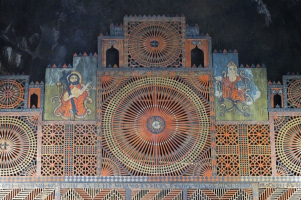Ornamental altar decoration with complex geometric patterns and symbolic representations, Sevanavank Monastery, Gegharkunik Province, Armenia