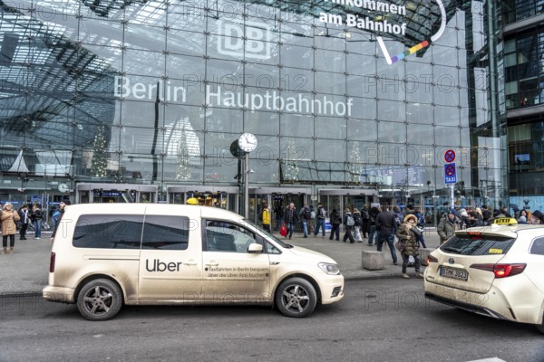 Uber taxi in front of the main train station in Berlin, waiting in line for passengers, Germany