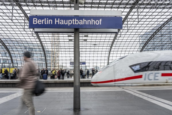 Central Station in Berlin, passengers on the platform, ICE train arrives, Germany