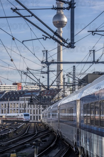 Railway line in Berlin, east of FriedrichstraÃŸe station, looking east, Berlin TV tower, ICE train on the line