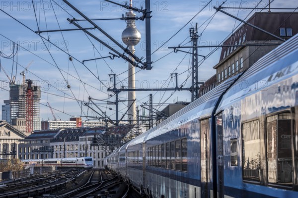 Railway line in Berlin, east of FriedrichstraÃŸe station, looking east, Berlin TV tower, ICE train on the line