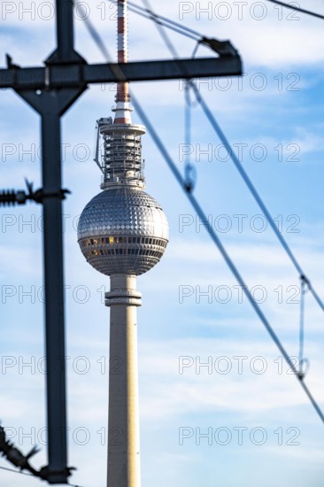 Railway line in Berlin, east of FriedrichstraÃŸe station, looking east, Berlin TV Tower
