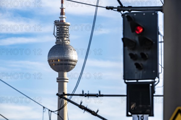 Railway line in Berlin, east of FriedrichstraÃŸe station, looking east, Berlin TV Tower