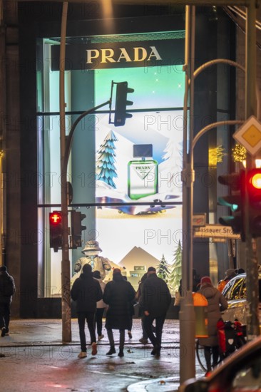 The KaDeWe, department store of the West on TauentzienstraÃŸe in Christmas light decoration, Prada shop window, Berlin, Germany