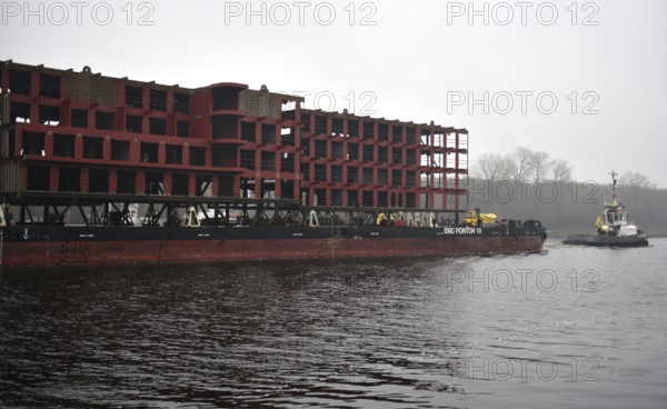 Tugboats transport parts of a ship in fog through the Kiel Canal, NOK, Kiel Canal, Kiel Canal, Schleswig-Holstein, Germany