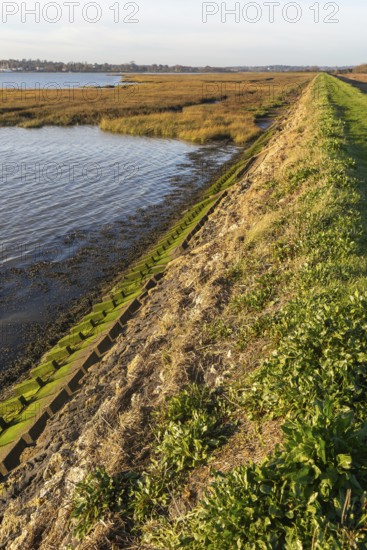 River Deben earthwork bank flood defence wall, Sutton, Suffolk, England, UK