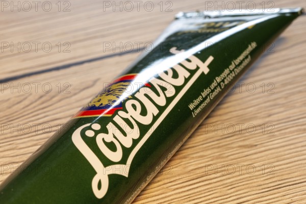 Close-up of a tube of LION MUSTARD