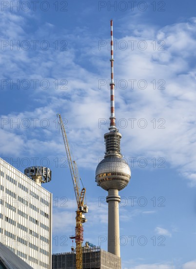 View of the television tower from Kleine AlexanderstraÃŸe, new office complex on Alexanderplatz in Berlin Mitte, Germany