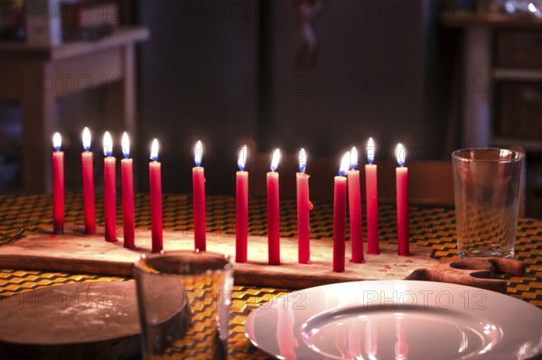 Thirteen burning red candles for a birthday, Othenstorf, Mecklenburg-Western Pomerania, Germany