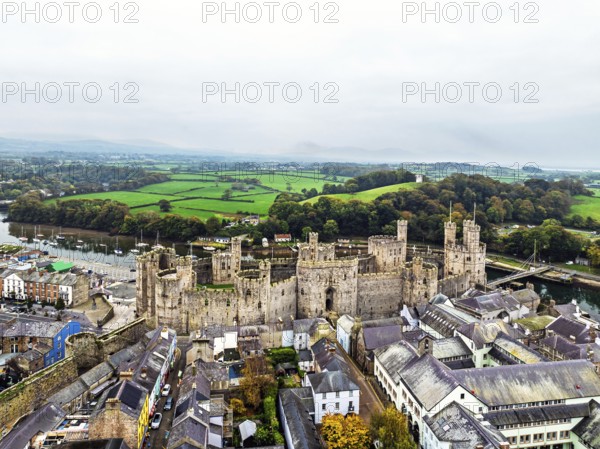 Caernarfon Castle from a drone, Caernarfon, Gwynedd, North-West Wales, UK
