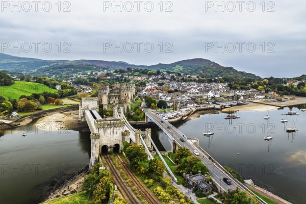 Conwy Castle over River Convy from a drone, Convy, North Wales, England, United Kingdom
