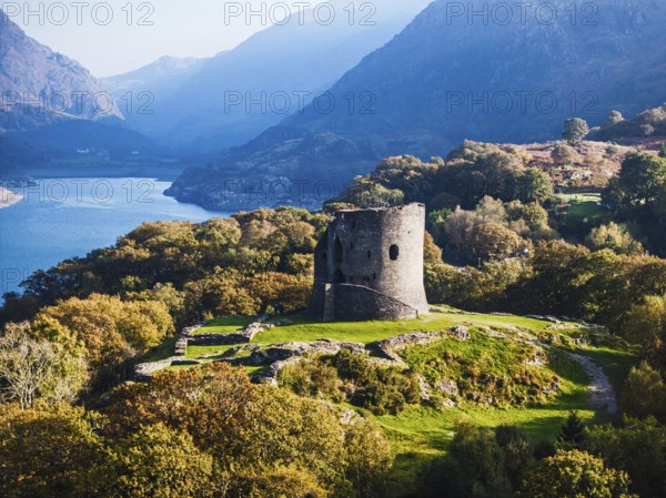 Autumn over Ruins of Dolbadarn Castle from a drone, Llanberis, Llywelyn, North Wales, UK
