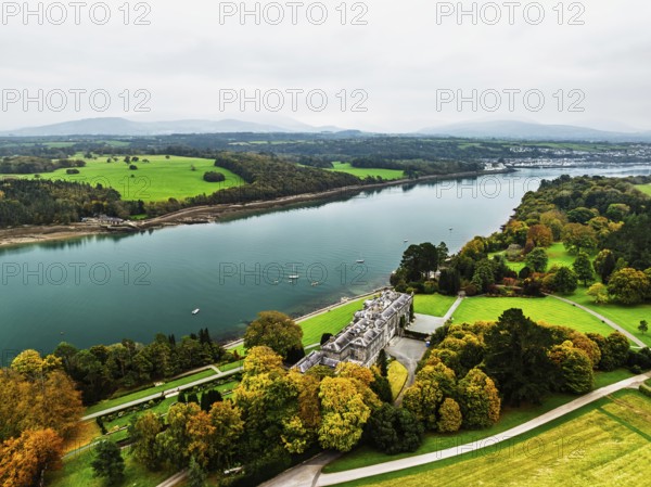 Autumn over Plas Newydd House from a drone, Gardens and Parkland, Llanfairpwllgwyngyll, Anglesey, Wales, UK