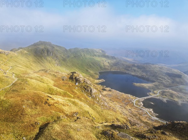 Pyg Track over Llyn Llydaw lake from a drone, Pen-y-Pass, mountain pass, Snowdonia, Gwynedd, north-west Wales, UK