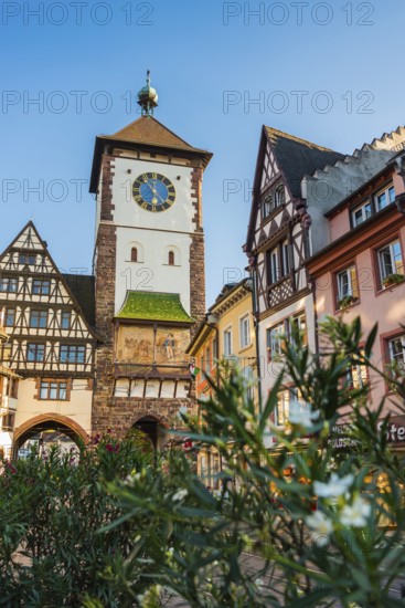 The historic Swabian Gate with flowers in the foreground, Freiburg im Breisgau