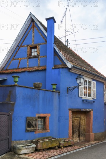 Blue house in the alleys of Niedermorschwihr, Ellsass, France
