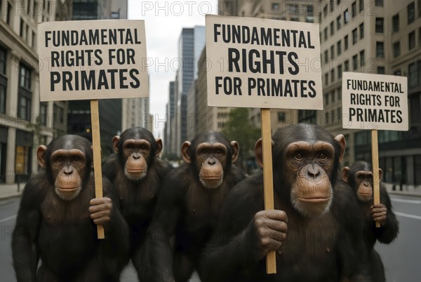 A group of chimpanzees demonstrates and demands basic rights for primates, symbolic image law, human right, animal right, protest, demonstration, appeal, law, justice, AI generated, AI generated