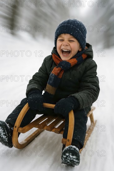 A boy sledges down a hill laughing happily on a sled, symbolizing winter, winter sports, sledding, snow, fun, AI generated, AI generated