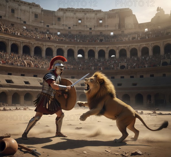 A gladiator with helmet, shield and sword fights against a lion in a Roman arena, symbol ancient, Roman, gladiator fights, Roman Empire, history, combat, sword fighting, AI generated, AI generated
