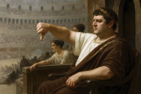 The Roman Emperor Nero lowers his thumbs in the ancient arena in which gladiator battles take place, symbolic image of Empire, Roman Empire, Colosseum, Antiquity, History, Historical, AI generated, AI generated