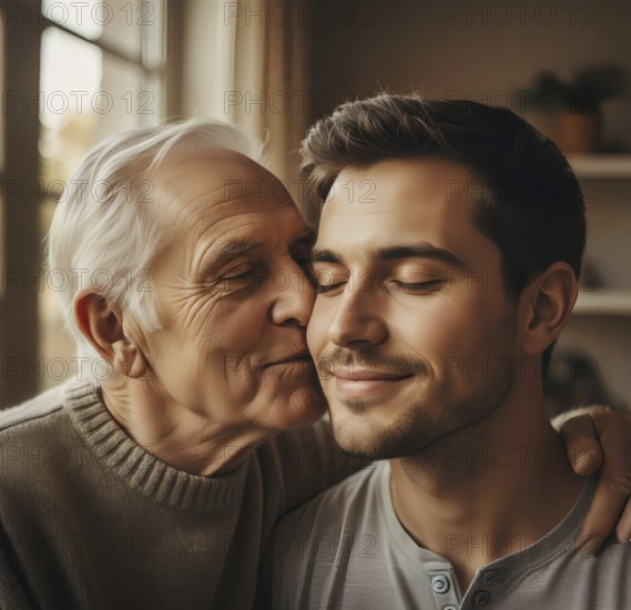 An older man kisses a younger man, symbol of love, in love, homosexuality, feeling, tolerance, tenderness, same-sex, sexuality, AI generated, AI generated