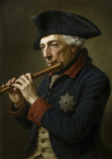 Portrait of the Prussian King Frederick II, Frederick the Great playing FkÃ¶tenspiel, symbolic picture Hohenzollern, Prussia, kingdom, nobility, historical figure, AI generated, AI generated