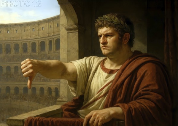 The Roman Emperor Nero lowers his thumbs in the ancient arena in which gladiator fights take place, symbolic image of Empire, Roman Empire, Colosseum, Antiquity, AI generated, AI generated