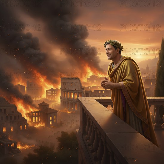 The Roman Emperor Nero looks at the fire of Rome from Palatine Hill, symbolic image of Empire, Roman Empire, Colosseum, antiquity, persecution of Christians, history, historical, AI generated, AI generated