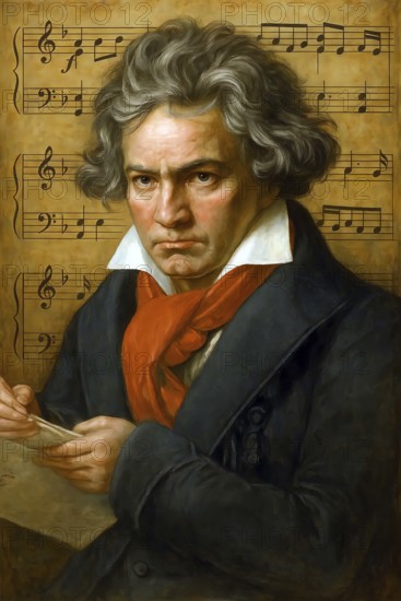 Portroet Ludwig van Beethoven, composer and pianist in front of sheet music, musician, genius, symphony, sonata, classical music, AI generated, AI generated