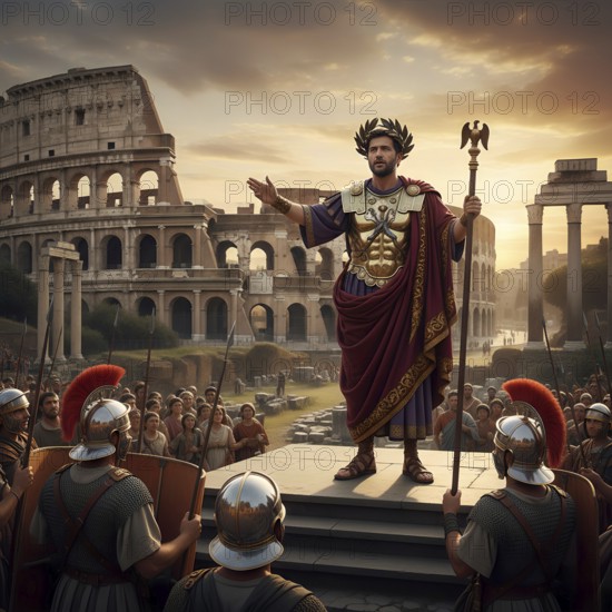 A Roman emperor, an emperor, gives a speech in front of the Colosseum in Rome, symbolic image of the Roman Empire, antiquity, history, historical, general, AI generated, AI generated