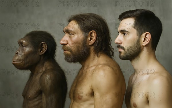 Human development, an Australopithecus, a Neanderthal and a Homo sapiens in comparison, symbolic image of man, prehuman, human history, prehistoric, prehistory, family tree, AI generated, AI generated