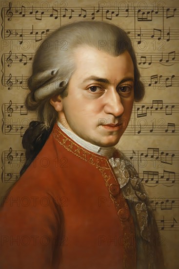 Portrait of composer Wolfgang Amadeus Mozart in front of musical notes, symbol of music, musician, genius, Viennese classical music, opera, symphony, concert, Salzburg, child prodigy, AI generated
