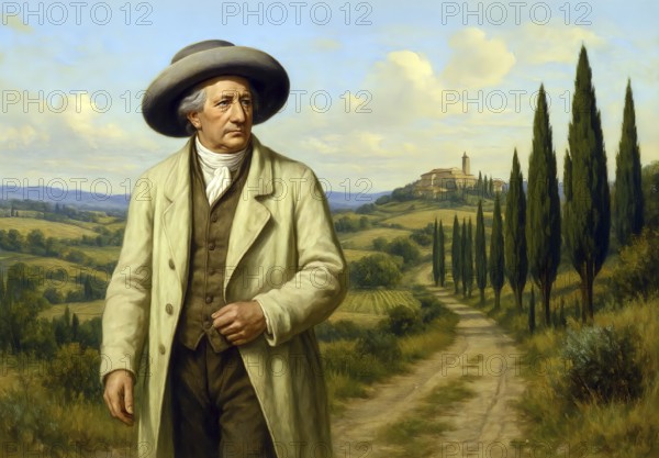 Johann Wolfgang von Goethe in front of an Italian landscape, symbolic image poet, politician, naturalist, poetry, Weimar, Weimar classical music, AI generated, AI generated