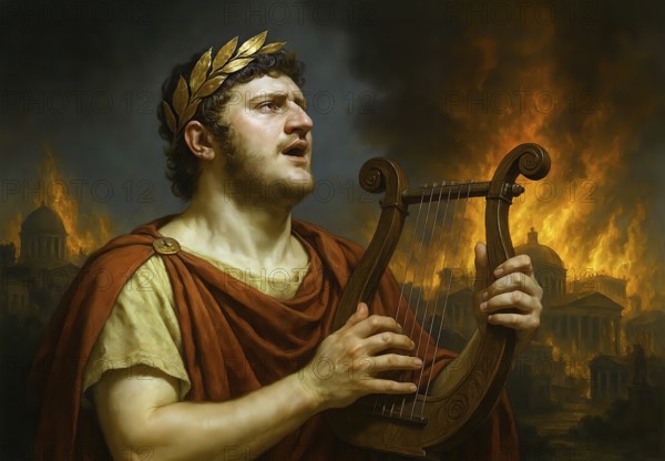 The Roman Emperor Nero plays the lyre and sings about the fire of Rome, symbolic image Empire, Roman Empire, Colosseum, Antiquity, Persecution of Christians, History, Historical, AI Generated, AI Generated