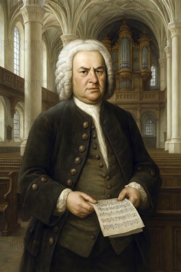 Portrait of Johann Sebastian Bach, composer and musician in a church, symbolic image music, musician, symphony, 9th symphony, St. Thomas Church Leipzig, AI generated, AI generated